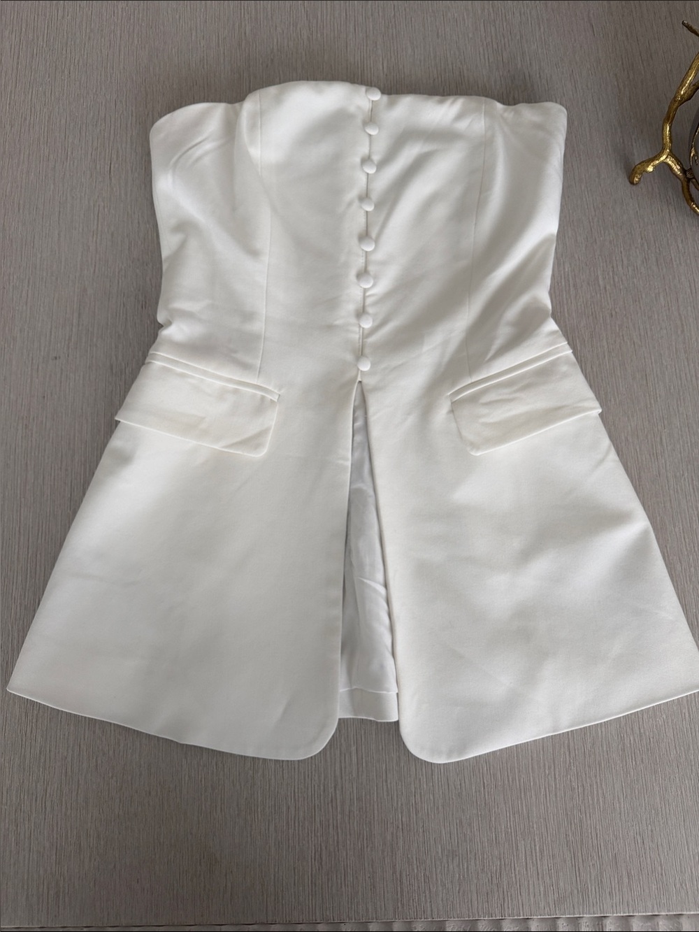Strapless White Tailored top with Covered Buttons and Flap Pockets